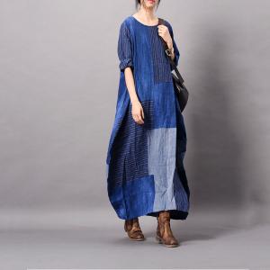 Blue Contrast Cotton Linen Dress Loose Flared Striped Dress