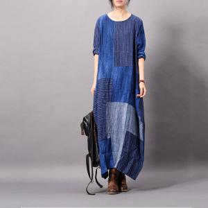 Blue Contrast Cotton Linen Dress Loose Flared Striped Dress