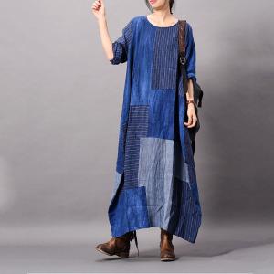 Blue Contrast Cotton Linen Dress Loose Flared Striped Dress