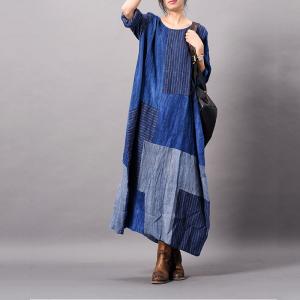 Blue Contrast Cotton Linen Dress Loose Flared Striped Dress