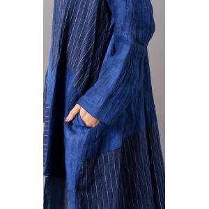 Blue Contrast Cotton Linen Dress Loose Flared Striped Dress