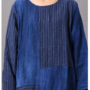 Blue Contrast Cotton Linen Dress Loose Flared Striped Dress