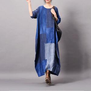 Blue Contrast Cotton Linen Dress Loose Flared Striped Dress