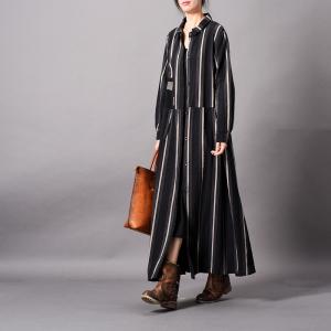 Loose-Fitting Striped Dress Cotton Linen Button Down Shirt Dress