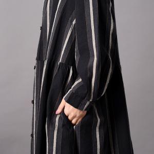 Loose-Fitting Striped Dress Cotton Linen Button Down Shirt Dress