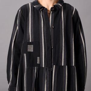 Loose-Fitting Striped Dress Cotton Linen Button Down Shirt Dress