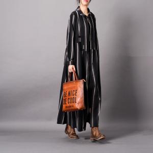 Loose-Fitting Striped Dress Cotton Linen Button Down Shirt Dress