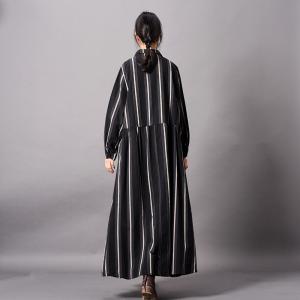 Loose-Fitting Striped Dress Cotton Linen Button Down Shirt Dress