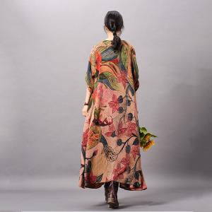 Peony Prints Vintage Silky Dress Loose Maxi Dress