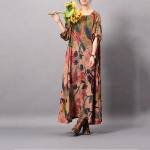 Peony Prints Vintage Silky Dress Loose Maxi Dress