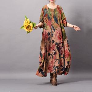 Peony Prints Vintage Silky Dress Loose Maxi Dress