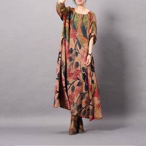 Peony Prints Vintage Silky Dress Loose Maxi Dress