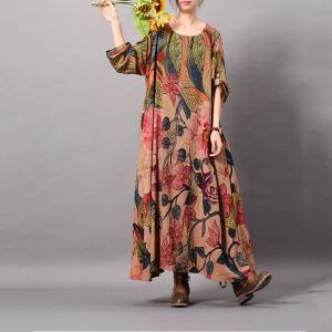 Peony Prints Vintage Silky Dress Loose Maxi Dress