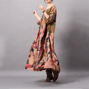 Peony Prints Vintage Silky Dress Loose Maxi Dress