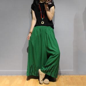 Retro Style Linen Wide Leg Pants Embroidered Plain Palazzo Pants