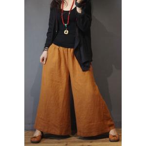 Simple Design Casual Wide Legs Organic Linen Long Gaucho Pants