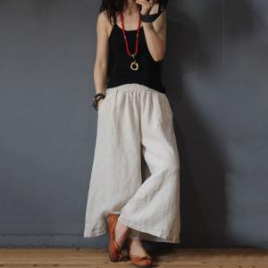 Simple Design Casual Wide Legs Organic Linen Long Gaucho Pants