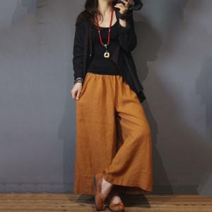 Simple Design Casual Wide Legs Organic Linen Long Gaucho Pants