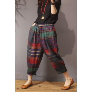 British Style Vintage Plaid Pants Cotton Linen Harem Trousers Womens