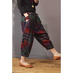 British Style Vintage Plaid Pants Cotton Linen Harem Trousers Womens