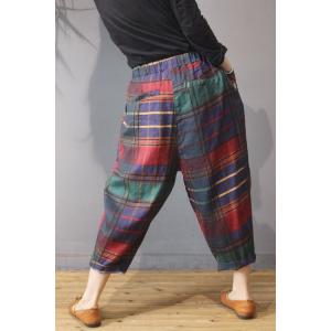 British Style Vintage Plaid Pants Cotton Linen Harem Trousers Womens