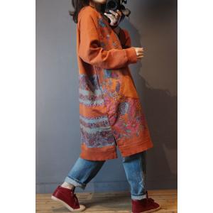 Patched Pockets Ethnic Sweatshirt Cotton Printed Plus Size Short Dress