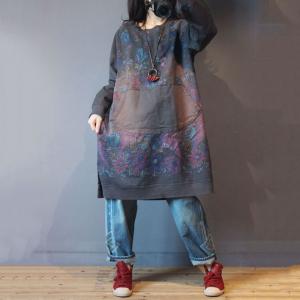 Patched Pockets Ethnic Sweatshirt Cotton Printed Plus Size Short Dress