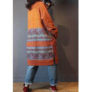 Patched Pockets Ethnic Sweatshirt Cotton Printed Plus Size Short Dress