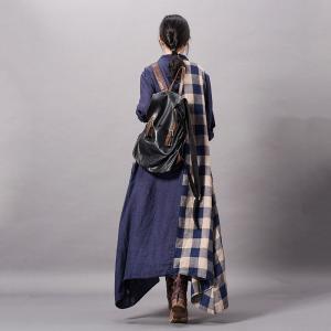 Asymmetrical Cotton Linen Plaids Shirt Dress Flared Oversized Cardigan