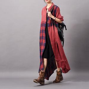 Asymmetrical Cotton Linen Plaids Shirt Dress Flared Oversized Cardigan