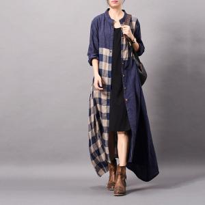 Asymmetrical Cotton Linen Plaids Shirt Dress Flared Oversized Cardigan