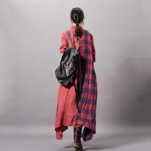 Asymmetrical Cotton Linen Plaids Shirt Dress Flared Oversized Cardigan