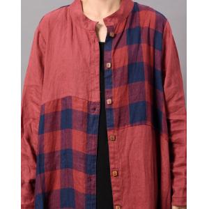 Asymmetrical Cotton Linen Plaids Shirt Dress Flared Oversized Cardigan