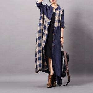 Asymmetrical Cotton Linen Plaids Shirt Dress Flared Oversized Cardigan