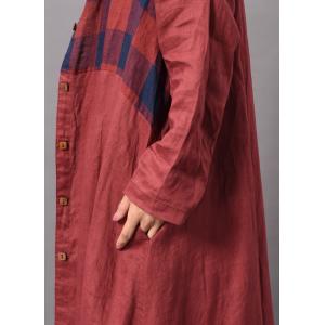 Asymmetrical Cotton Linen Plaids Shirt Dress Flared Oversized Cardigan