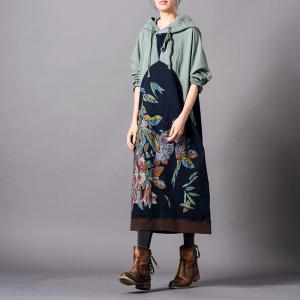 Contrasted Colors Printed Hoodie Dress Cotton Large Knee Length Dress