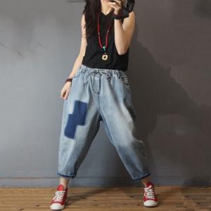Korean Fashion Blue Patchwork Denim Bootcuts Baggy Drawstring Jeans