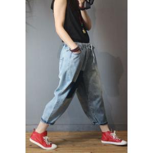 Korean Fashion Blue Patchwork Denim Bootcuts Baggy Drawstring Jeans