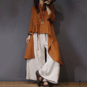 Monochromatic Womans Flax Clothing Irregular Design Plus Size Tunic