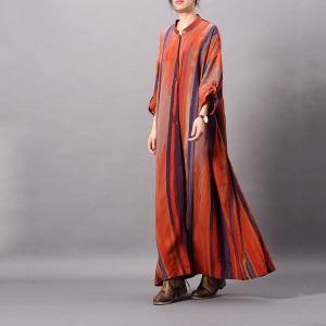 Colorful Striped Silk Cardigan Loose Maxi Shirt Dress