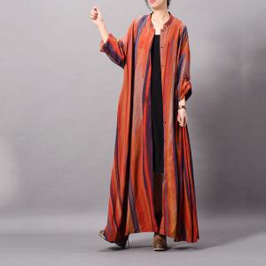 Colorful Striped Silk Cardigan Loose Maxi Shirt Dress