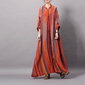Colorful Striped Silk Cardigan Loose Maxi Shirt Dress