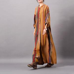 Colorful Striped Silk Cardigan Loose Maxi Shirt Dress