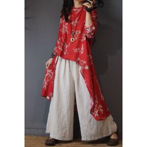 Fashion  Printed Designer Blouse Asymmetric Cotton Linen Wrap Shirt