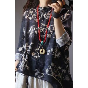 Fashion  Printed Designer Blouse Asymmetric Cotton Linen Wrap Shirt