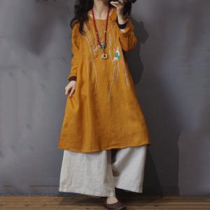 Linen Chinese Crane Embroidered Dress Vintage Knee-Length Dress