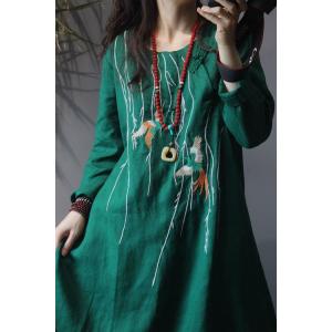 Linen Chinese Crane Embroidered Dress Vintage Knee-Length Dress