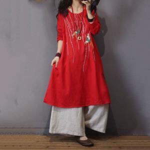 Linen Chinese Crane Embroidered Dress Vintage Knee-Length Dress