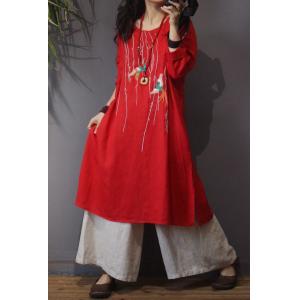 Linen Chinese Crane Embroidered Dress Vintage Knee-Length Dress