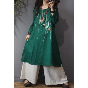 Linen Chinese Crane Embroidered Dress Vintage Knee-Length Dress